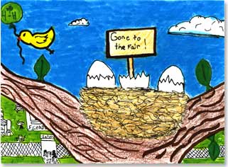 Yellow bird holds a 4-H balloon. Sign in nest says, Gone to the Fair!